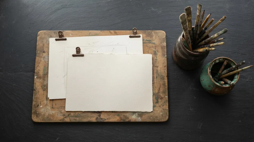 Worn wooden drawing board with clipped blank sheets beside two jars of well used brushes, one a patinated copper vessel, on dark slate
