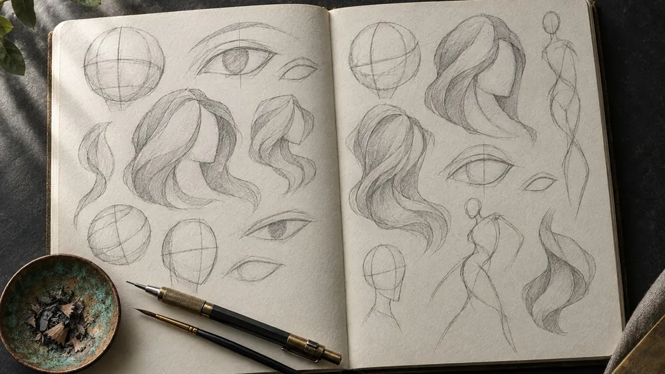 Open sketchbook of graphite character construction studies: spheres with wrapping cross lines, almond eye shapes and hair drawn as flowing blocks