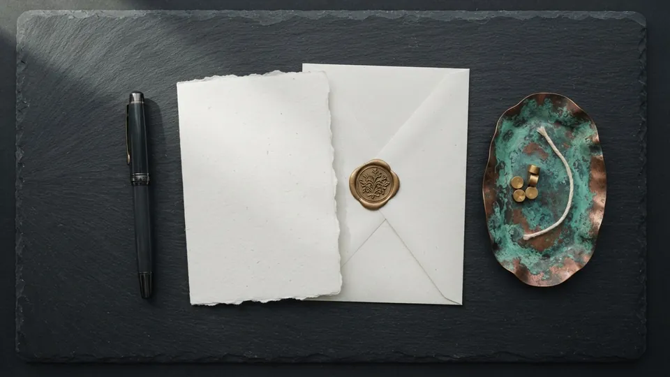 Blank folded letter and an envelope closed with a brass wax seal, a fountain pen and a patinated copper tray on dark slate