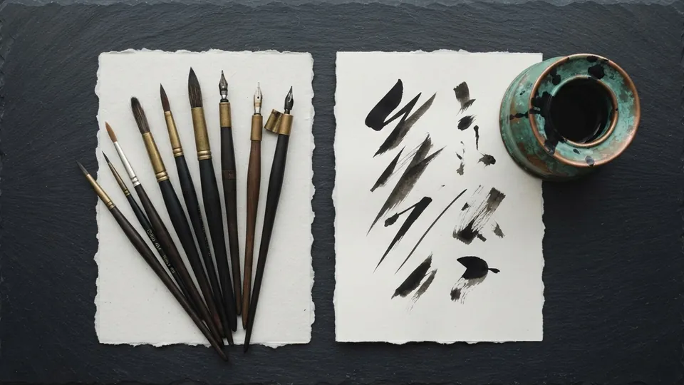 Fan of fine ink brushes and dip pens with brass ferrules beside a sheet of tapered black ink strokes and a patinated copper ink well