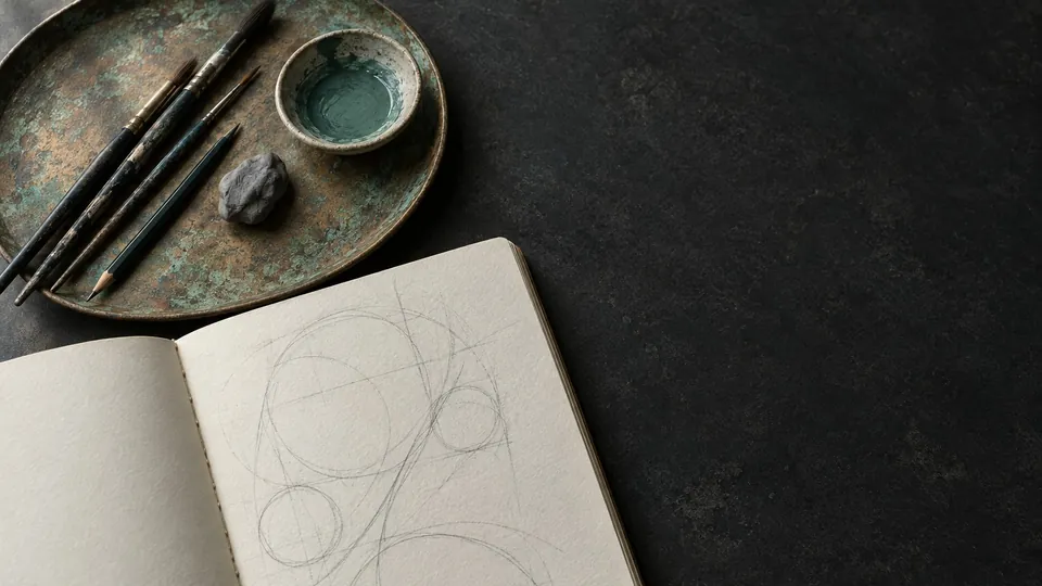 Weathered copper tray with verdigris patina holding ink brushes, a pencil and a dish of muted green paint beside an open sketchbook of loose pencil circles
