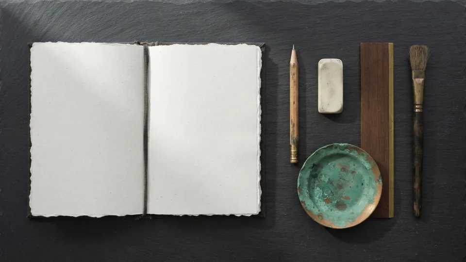 Open blank notebook beside a neat row of tools: a pencil, an eraser, a plain straightedge and a brush, with a verdigris copper dish
