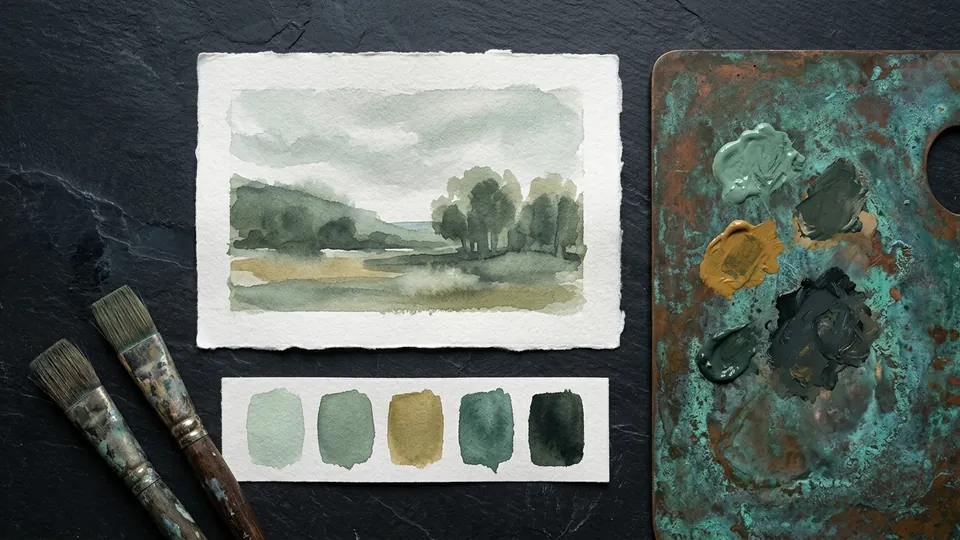 Small painted landscape study beside a strip of hand-painted value swatches and a patinated copper palette with dabs of muted paint