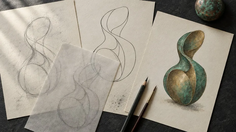 Sheets showing one drawing at three stages, from graphite construction to ink contour to a painted study, with tracing paper laid over one stage