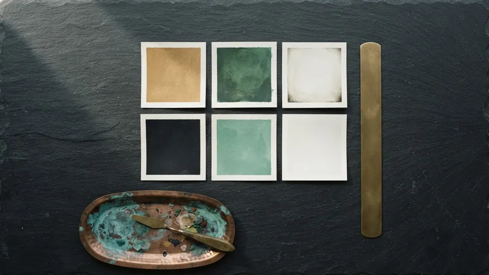Grid of six square painted swatches in muted greens, brass and near black showing darkening, lightening and contrast, beside a plain brass straightedge and a copper tray