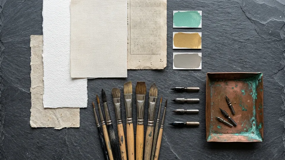Flat lay of paper and canvas offcuts, a fan of worn brushes, ink nibs and painted color chips beside a verdigris copper tray
