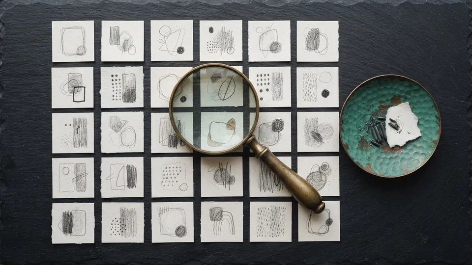 Brass magnifying glass lying across a grid of small abstract pencil thumbnails on paper squares, beside a verdigris copper dish