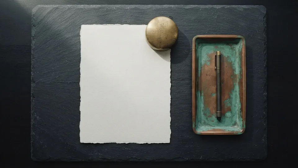 Blank sheet of heavy deckle-edged paper under a brass paperweight, with a fine pen resting in a patinated copper tray