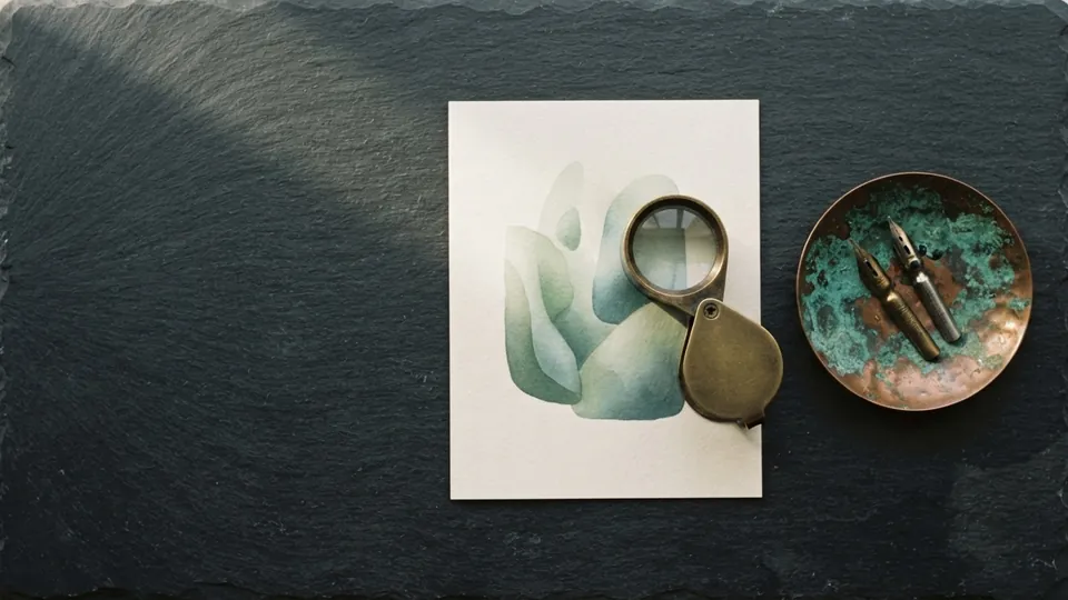 Brass magnifying loupe resting on a soft green watercolor study on white paper, beside a verdigris copper dish holding two pen nibs on dark slate