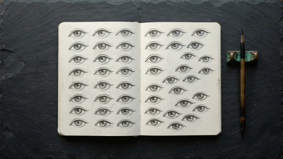 Open sketchbook filled with rows of graphite studies of stylized almond eyes, each with one highlight dot, beside a fine ink brush on a verdigris copper pen rest
