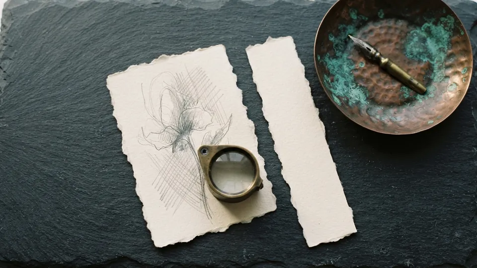 Loose graphite flower sketch on torn-edge paper with a brass loupe resting on it, a plain paper strip beside it, and a verdigris copper dish holding a single pen nib on dark slate