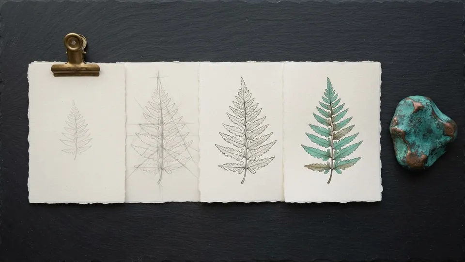 Four sheets clipped with a brass clip showing one fern drawing at thumbnail, construction, ink and painted stages, beside a patinated copper stone