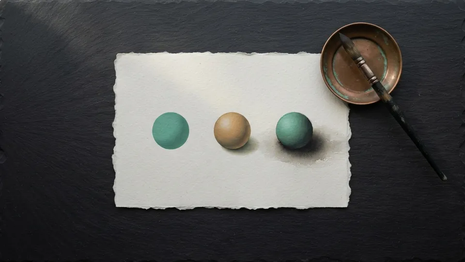 Three small painted spheres on torn-edge paper showing a hard edge, a soft terminator and a lost edge into shadow, with a round brush in a copper dish