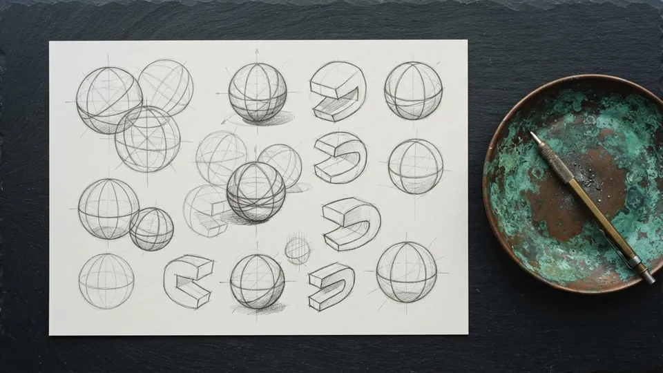 Sheet of graphite construction drawings of spheres with wrapping cross lines and blocky jaw shapes at several angles, next to a patinated copper dish holding a pencil