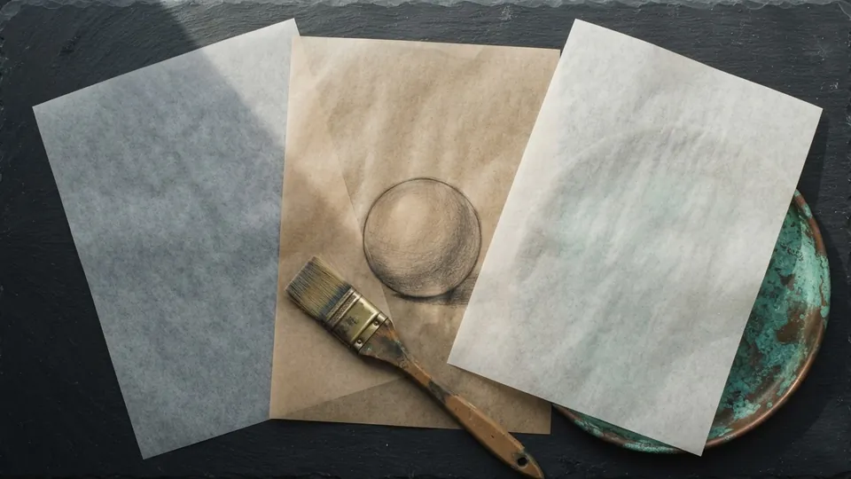 Three overlapping sheets of translucent tracing paper in cool, warm and neutral washes laid over a pencil sphere, with a flat brush and a verdigris copper tray