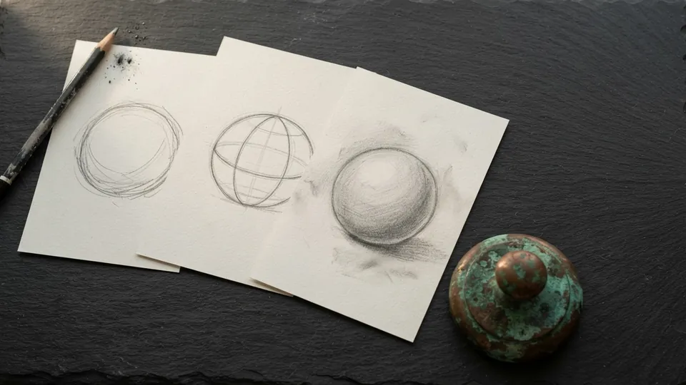 Three sheets showing one graphite sphere drawn as a loose rough, a construction with wrapping guide curves, and a shaded finish, beside a pencil and a patinated copper paperweight