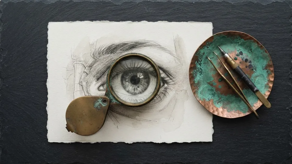 Brass magnifying loupe resting on a graphite and wash study of an eye, next to a verdigris copper dish holding pen nibs