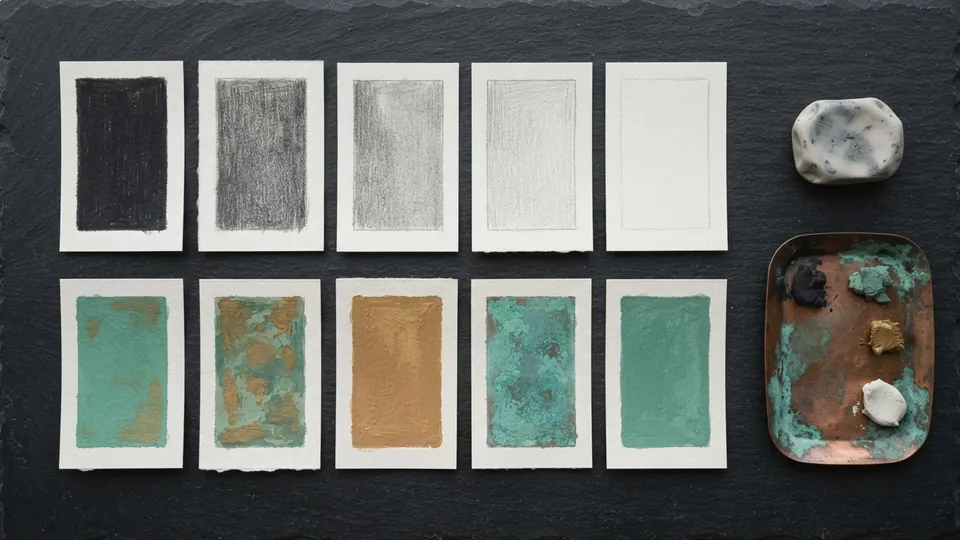 Row of greyscale value swatches from black to white above a matching row painted in patina green and brass, with a kneaded eraser and a copper palette